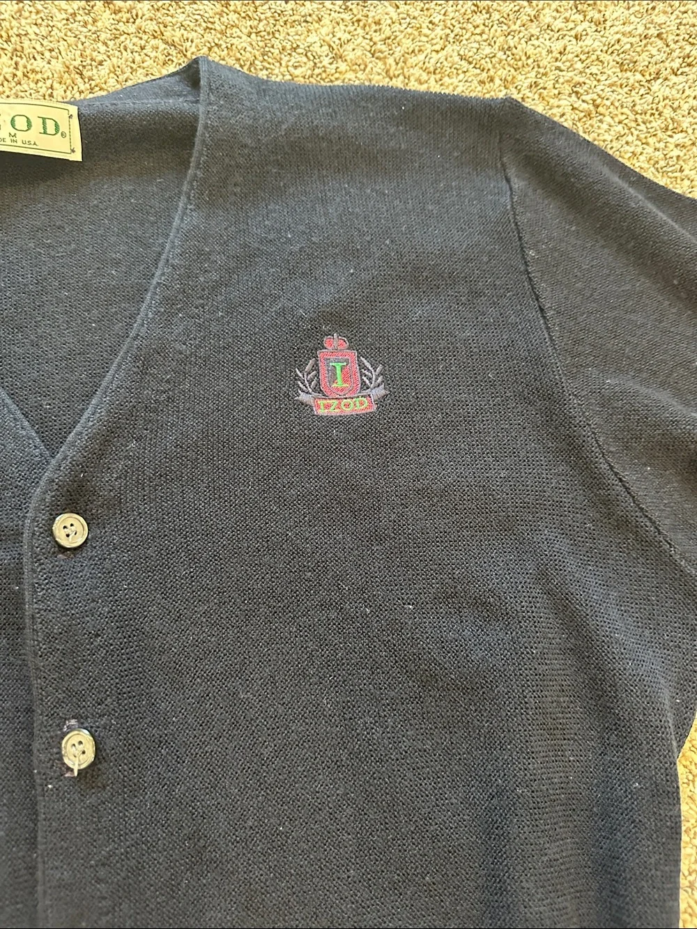 Vintage IZOD Cardigan Made in USA Navy Preppy Crest Button Front Sweater